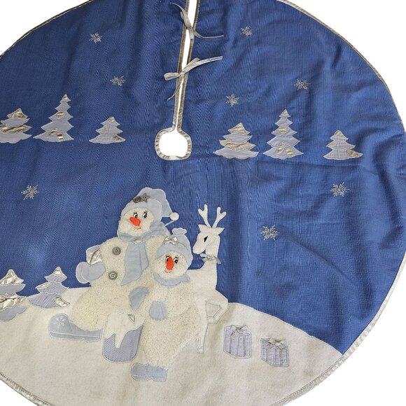Snow Buddies Tree Skirt 1995 Christmas vtg Pottery Barn 40" blue holiday season - Picture 2 of 14